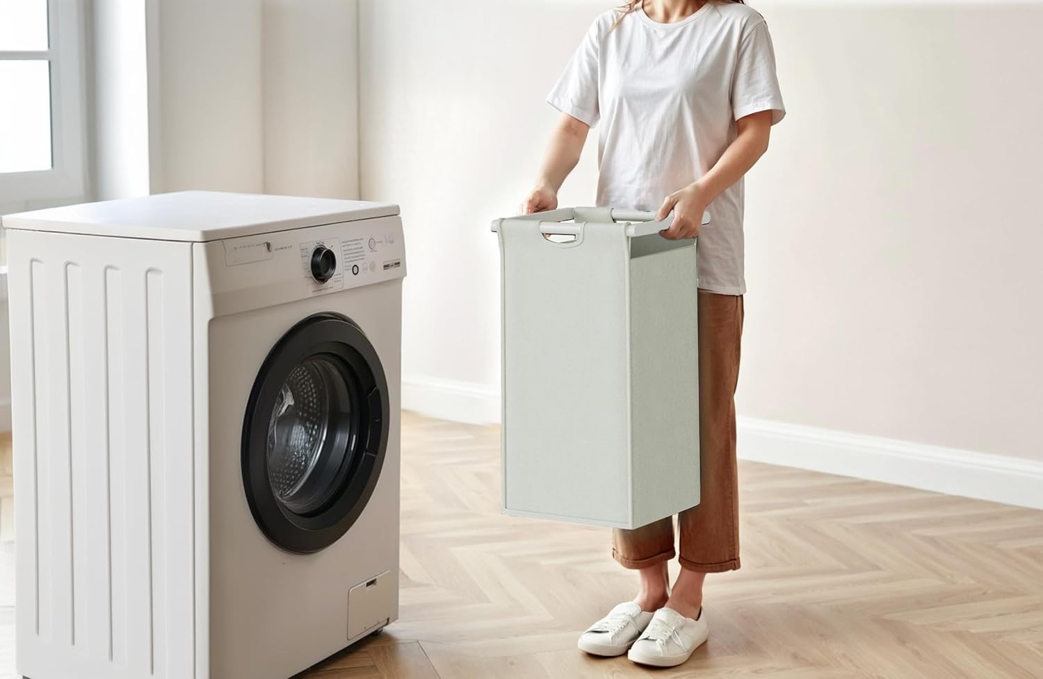 3 Section Laundry Basket with Shelf White Removable Bags Wheels 180L Modern