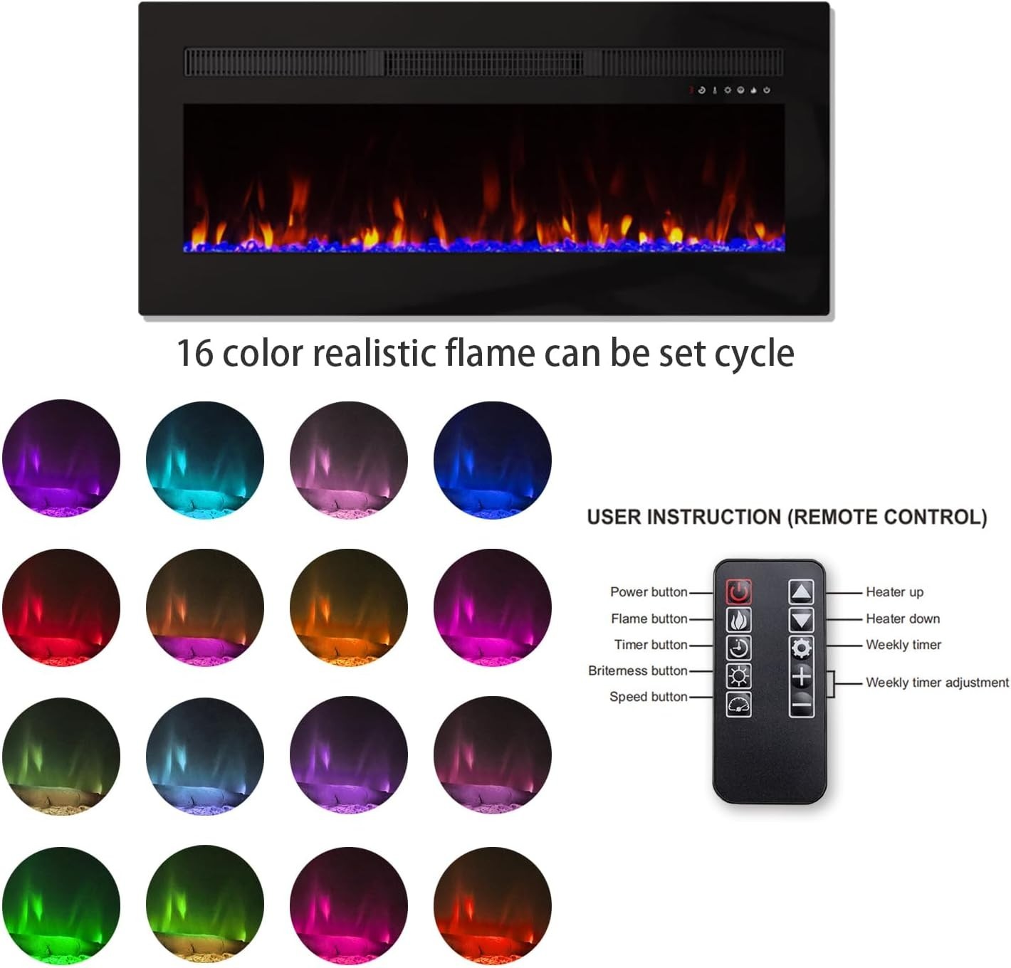 Wall-Mounted Electric Fireplace 60" with 16 Color Flames & Remote Control