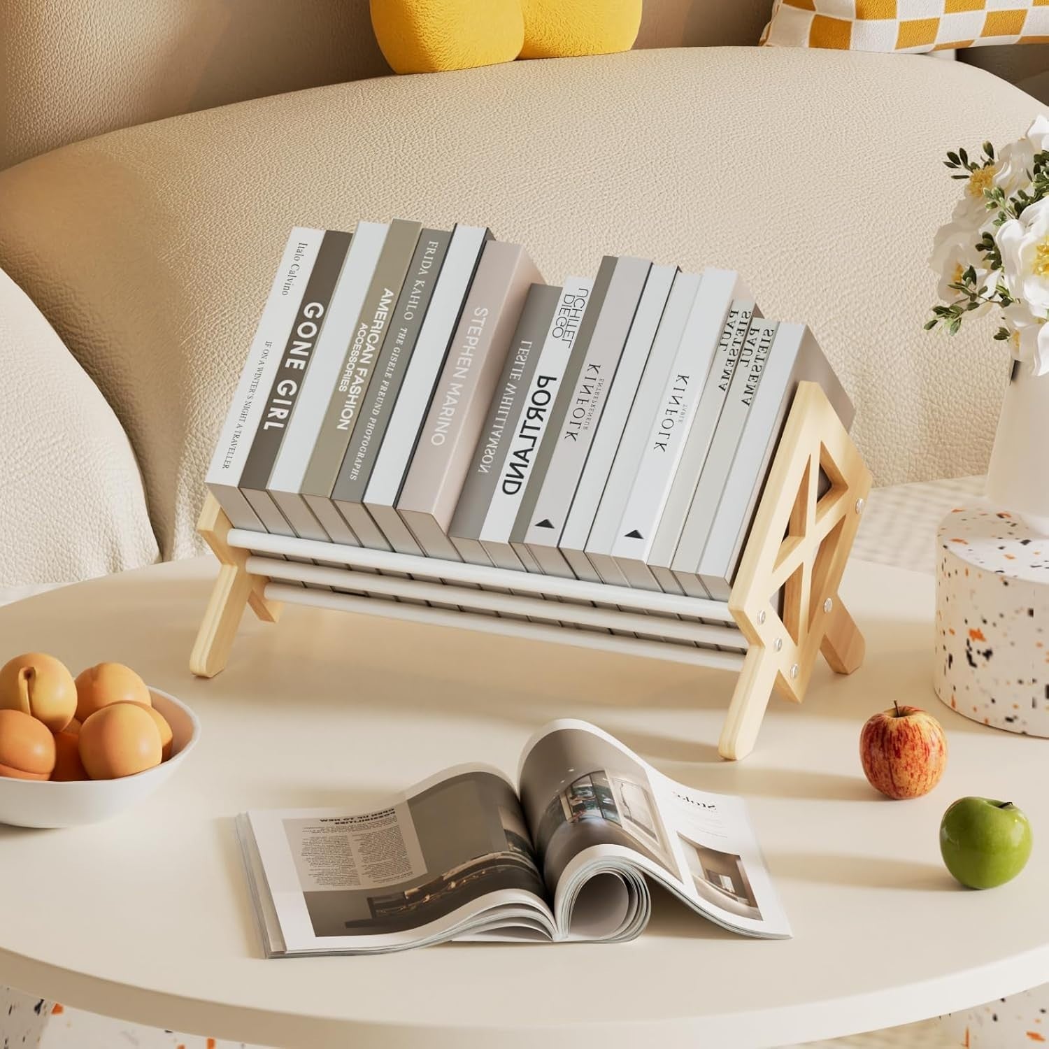 Wood Tilting Desktop Bookcase Organizer Rack for Books CDs Magazines