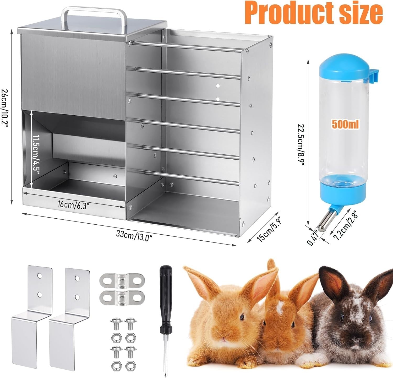 2 in 1 Rabbit Feeder Hay Rack Water Bottle Stainless Steel Food Dispenser