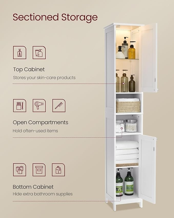 Slim Tall Bathroom Cabinet with Lights, Adjustable Shelves, Modern Storage Unit