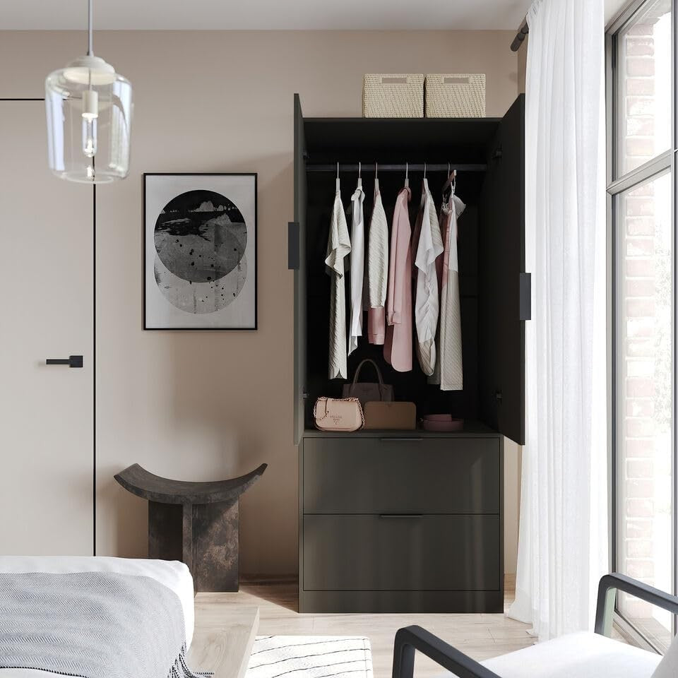 Black 2 Door Wardrobe with 2 Drawers, Hanging Rail & Clothes Storage Unit