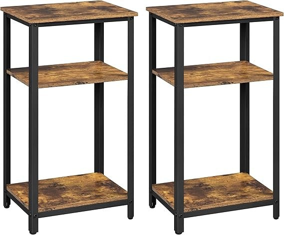 Industrial Side Tables Set of 2 | 3-Tier Rustic Brown Nightstands 75cm Tall