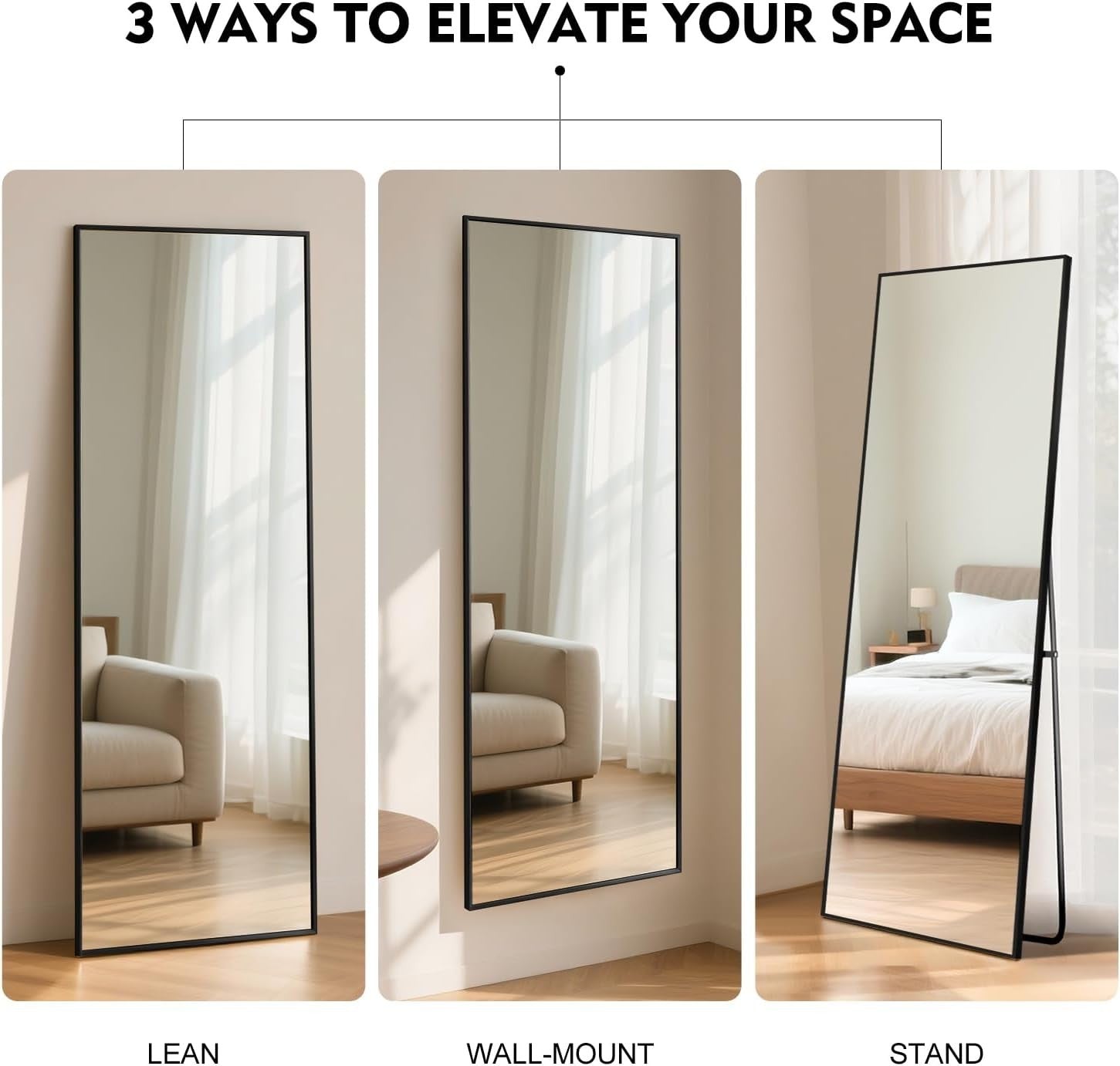 Full Length Mirror 163x53cm Square Black Frame, Shatterproof for Bedroom