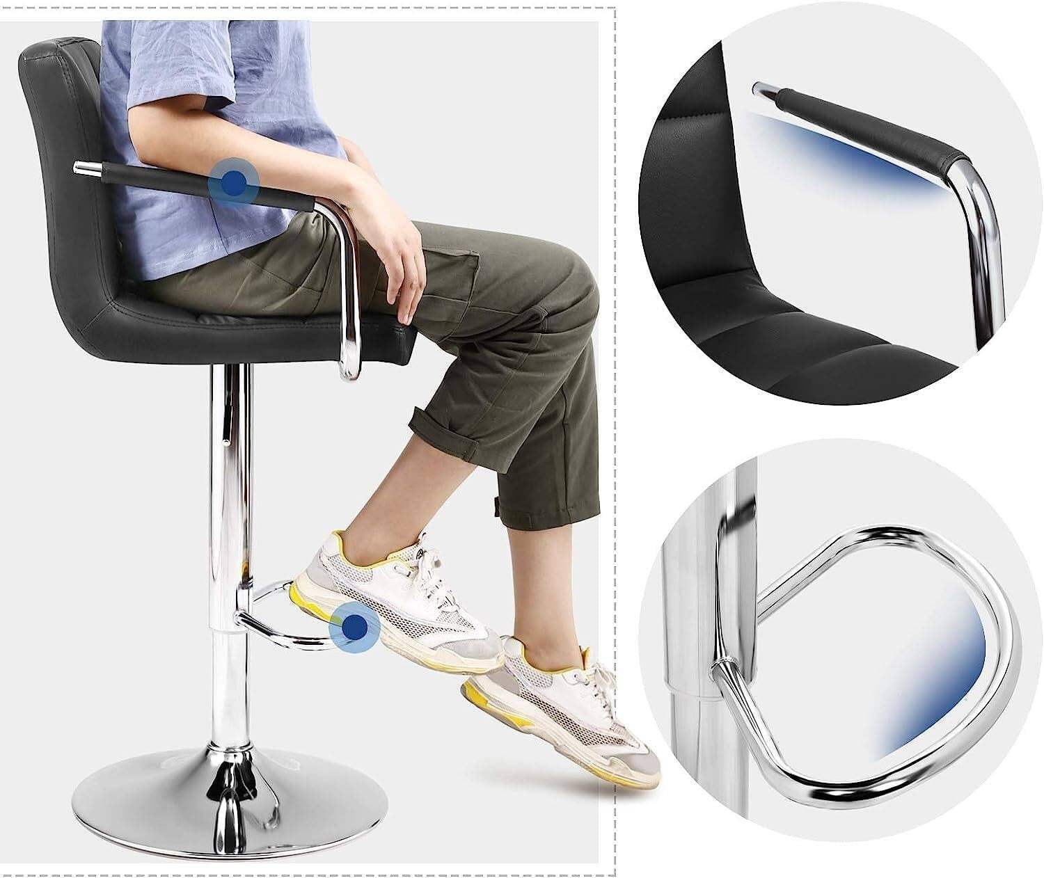 Adjustable Black Swivel Bar Stool with Armrests & PU Leather