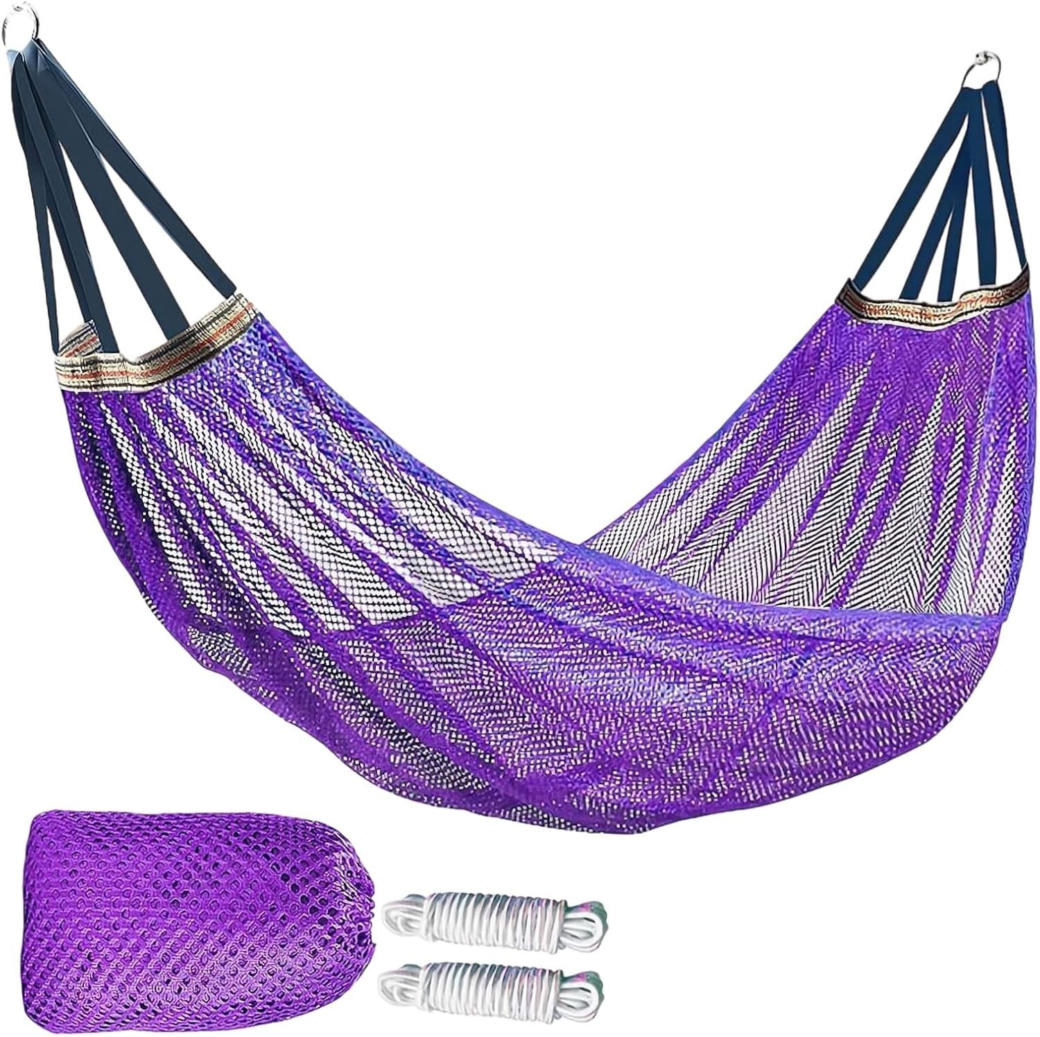 Camping Hammock Purple Nylon Mesh Rope Swing Portable 100kg Load