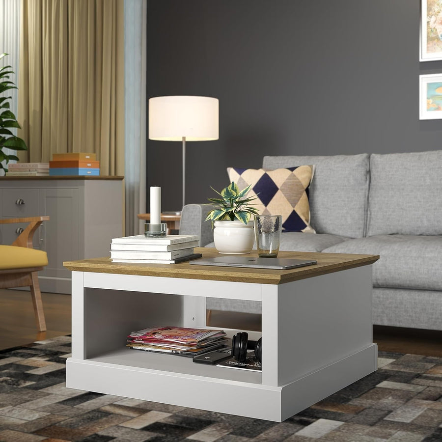 White Square Coffee Table with Storage – Modern 79x79cm Wood Cabinet
