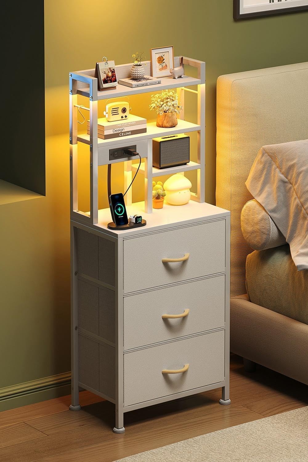 Tall White Bedside Table with LED Lights Charging Ports Shelves Drawers Storage