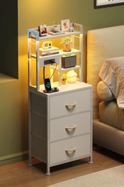 Tall White Bedside Table with LED Lights Charging Ports Shelves Drawers Storage