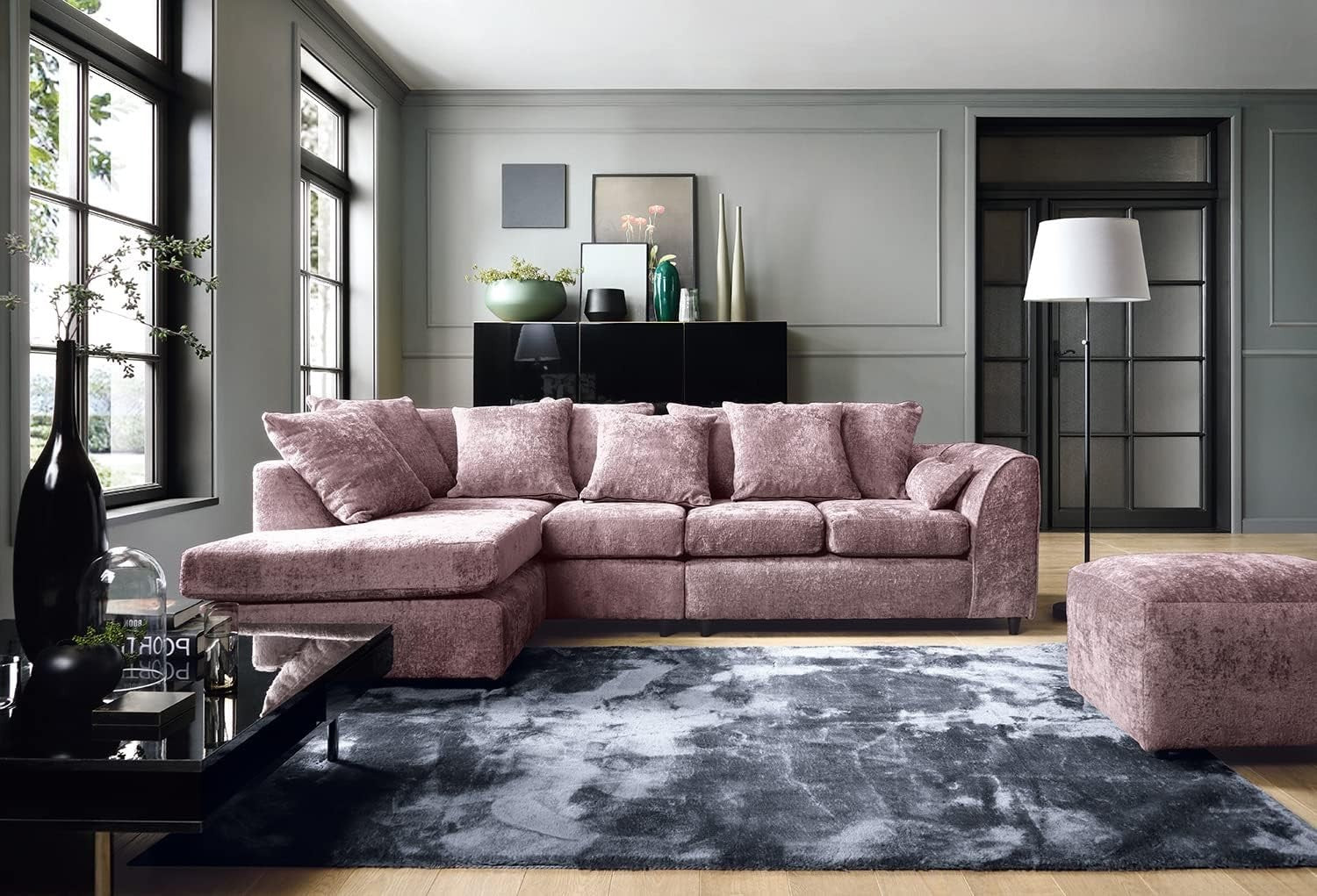 Large Pink Chenille Corner Sofa – Modern L Shape 5 Seater Couch w/ Covers