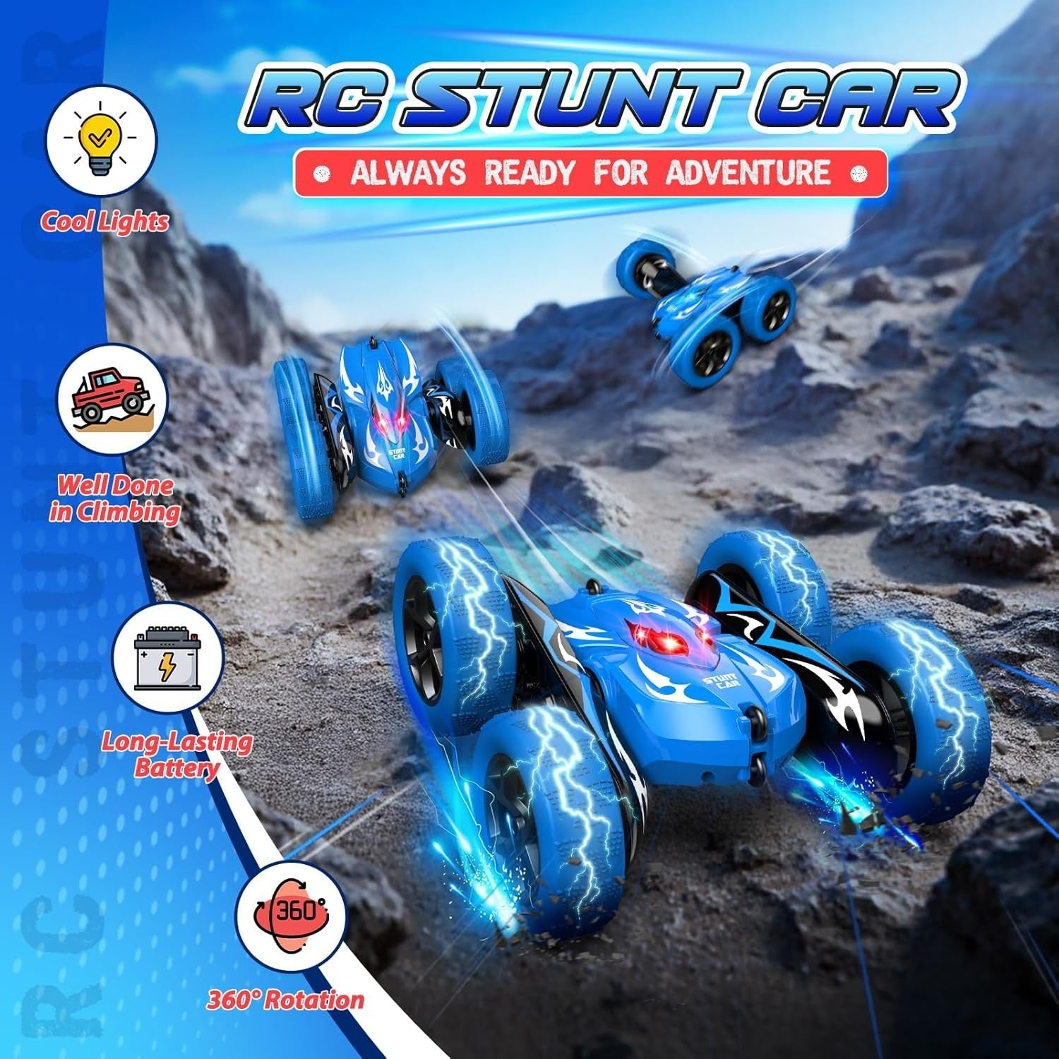 360° Flip RC Stunt Car 4WD LED Lights USB Rechargeable Toy for Boys Age 3–9