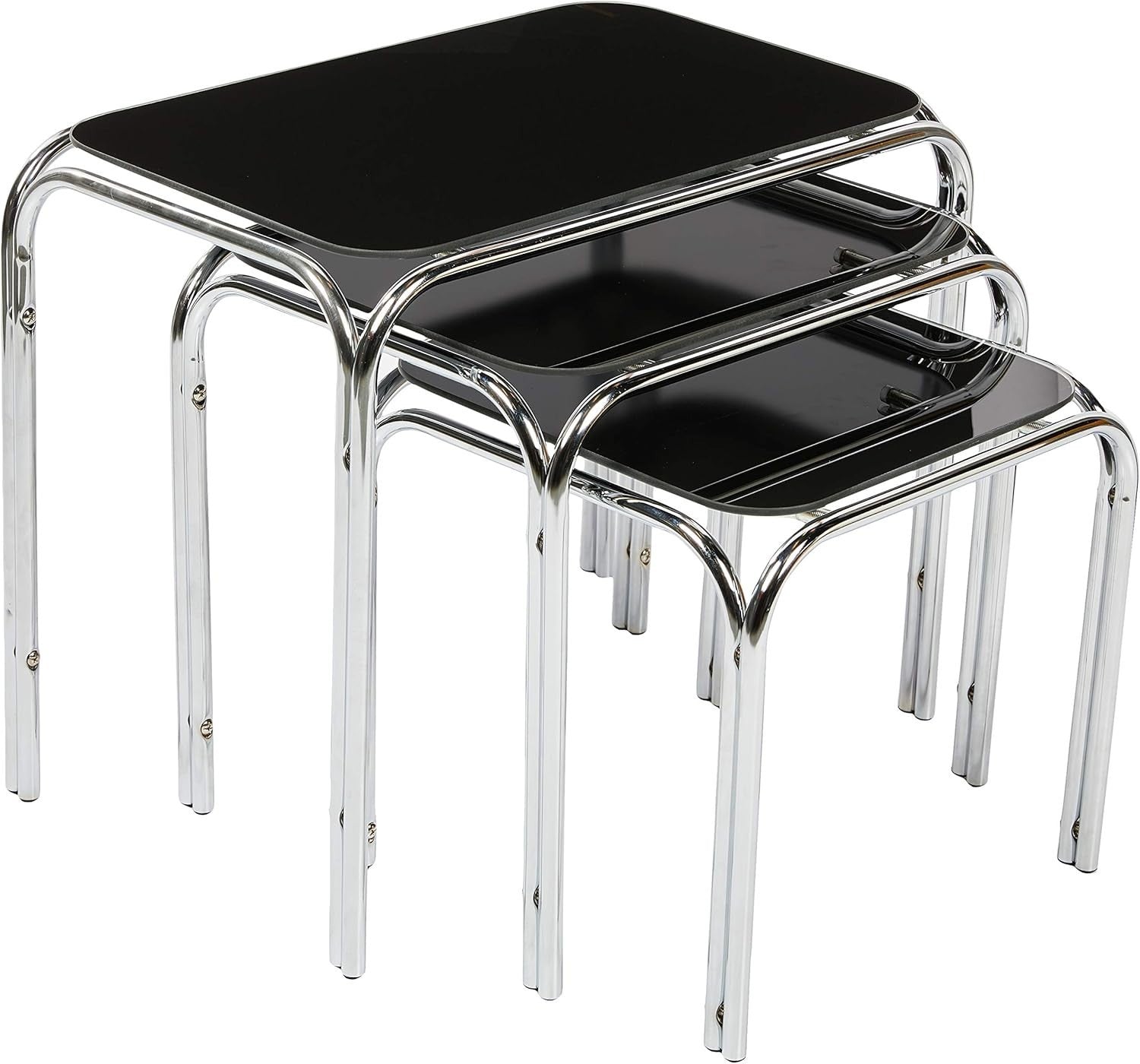 3pc Black Glass Nesting End Tables Set Modern Chrome Legs Living Room Furniture