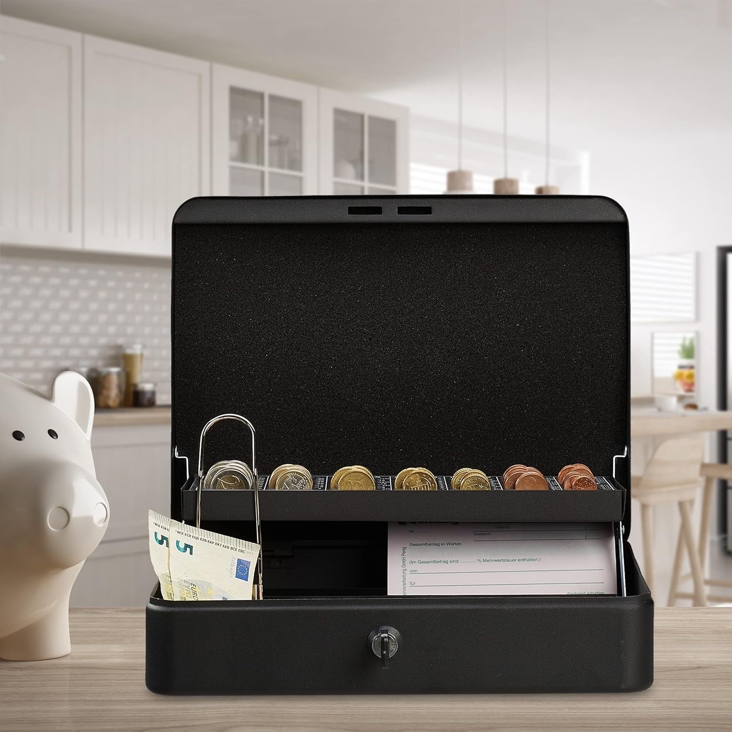 Lockable Cash Box Coin Counter Tray Money Storage Case Black Steel