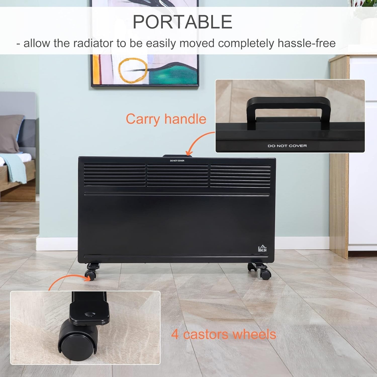 650W/1300W Portable Convector Heater Freestanding or Wall-Mounted Black