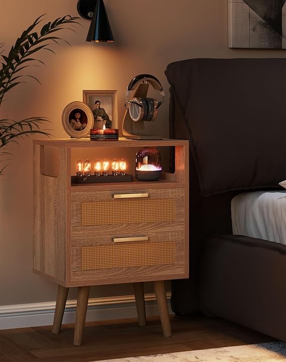 Boho Rattan Bedside Table with 2 Drawers & Open Shelf, Natural Wood Nightstand