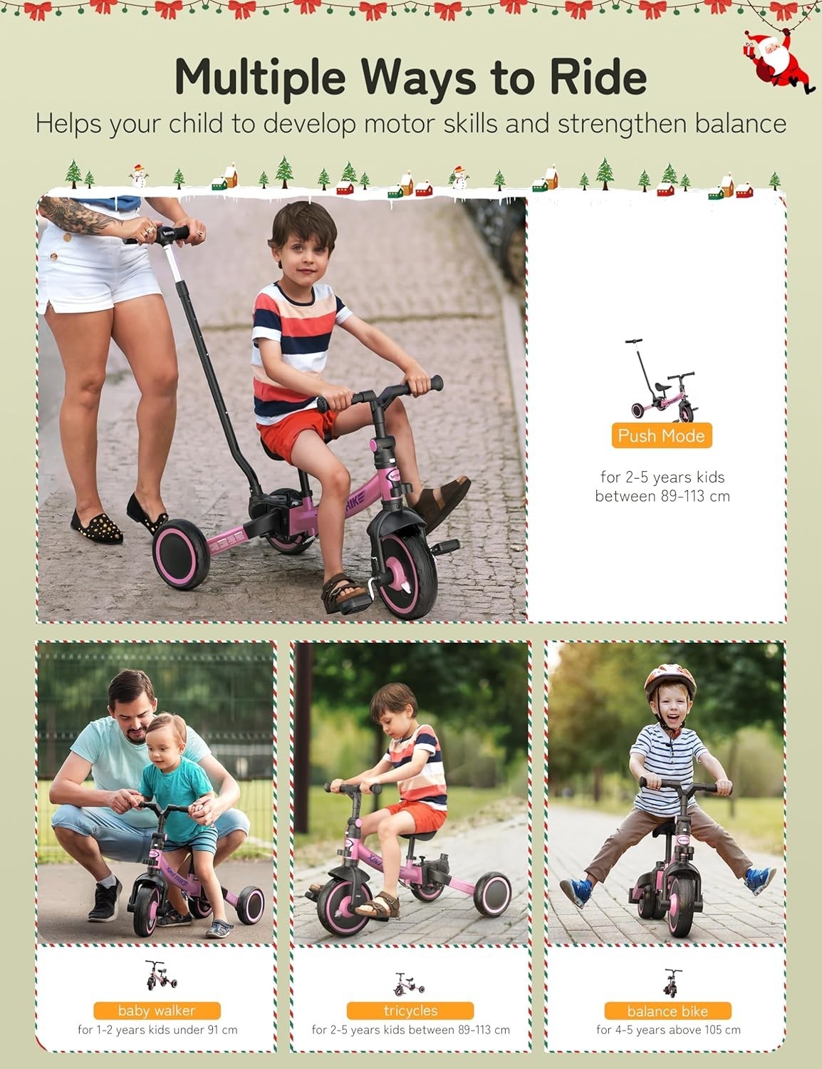 5 In 1 Toddler Tricycle Push Handle Foldable Balance Bike Pink 1-5Y