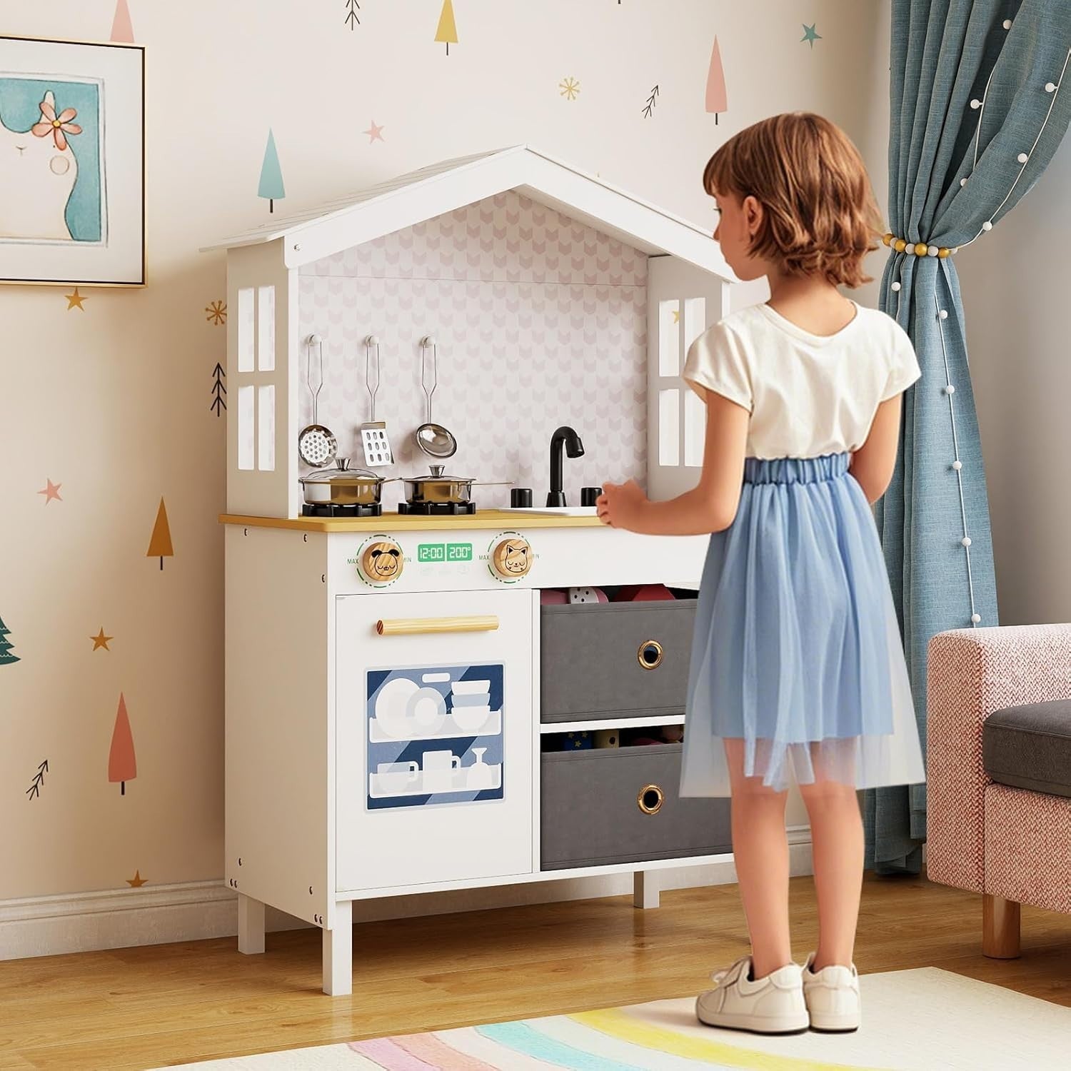 Wooden Kids Play Kitchen White Toy Set Sink Dishwasher Storage Stove