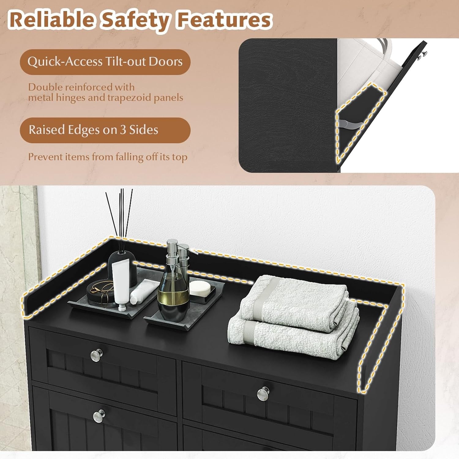 Black Tilt-Out Laundry Cabinet 2 Drawers 2 Hampers Modern Bathroom Storage Unit