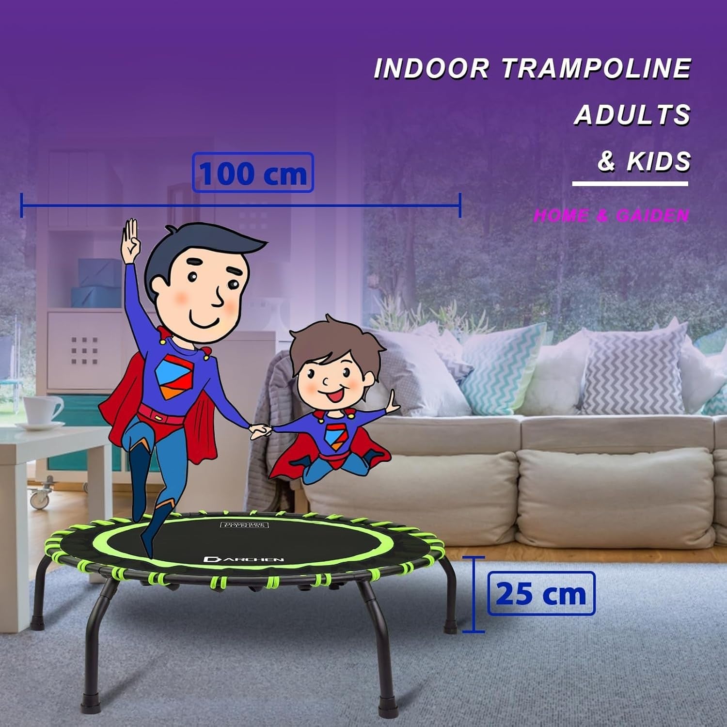 Adult Mini Trampoline 150KG Indoor Fitness Rebounder Quiet Bungee 100cm
