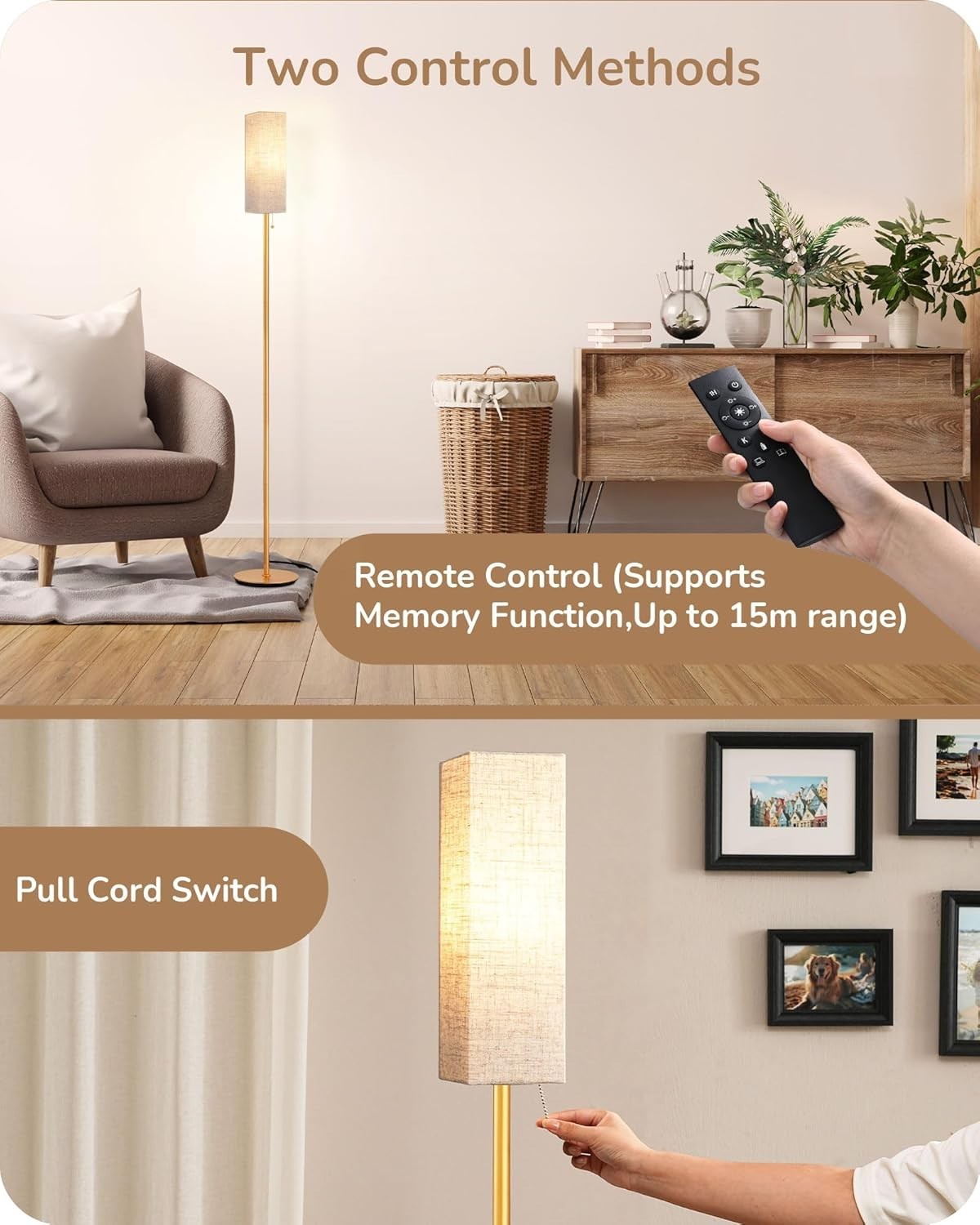 Gold LED Floor Lamp Dimmable Remote Control Standing Light Linen Shade