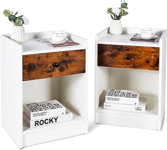 Modern White Bedside Tables Set of 2 with Drawer & Open Shelf 43x40x60cm