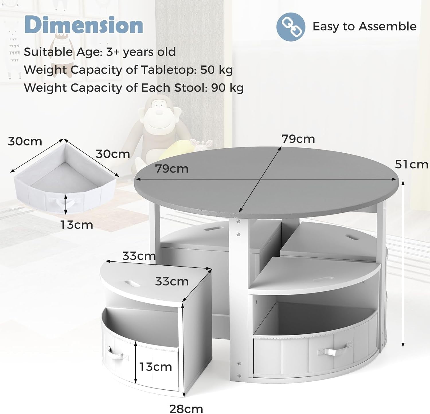 Kids Round Table & 4 Storage Stools Set with Fabric Bins for Play & Learn