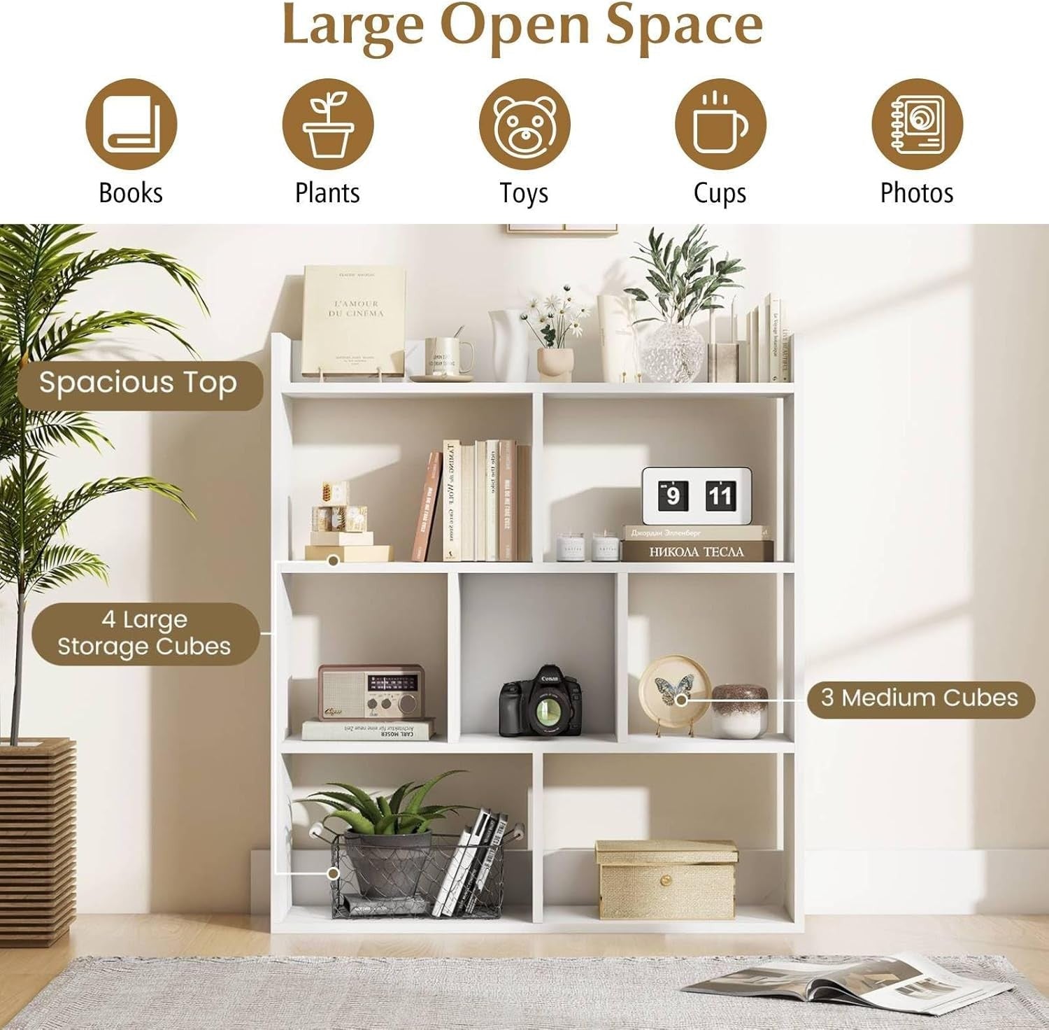White 7-Cube Bookcase Freestanding Storage Display Shelf with Anti-Topple Kit