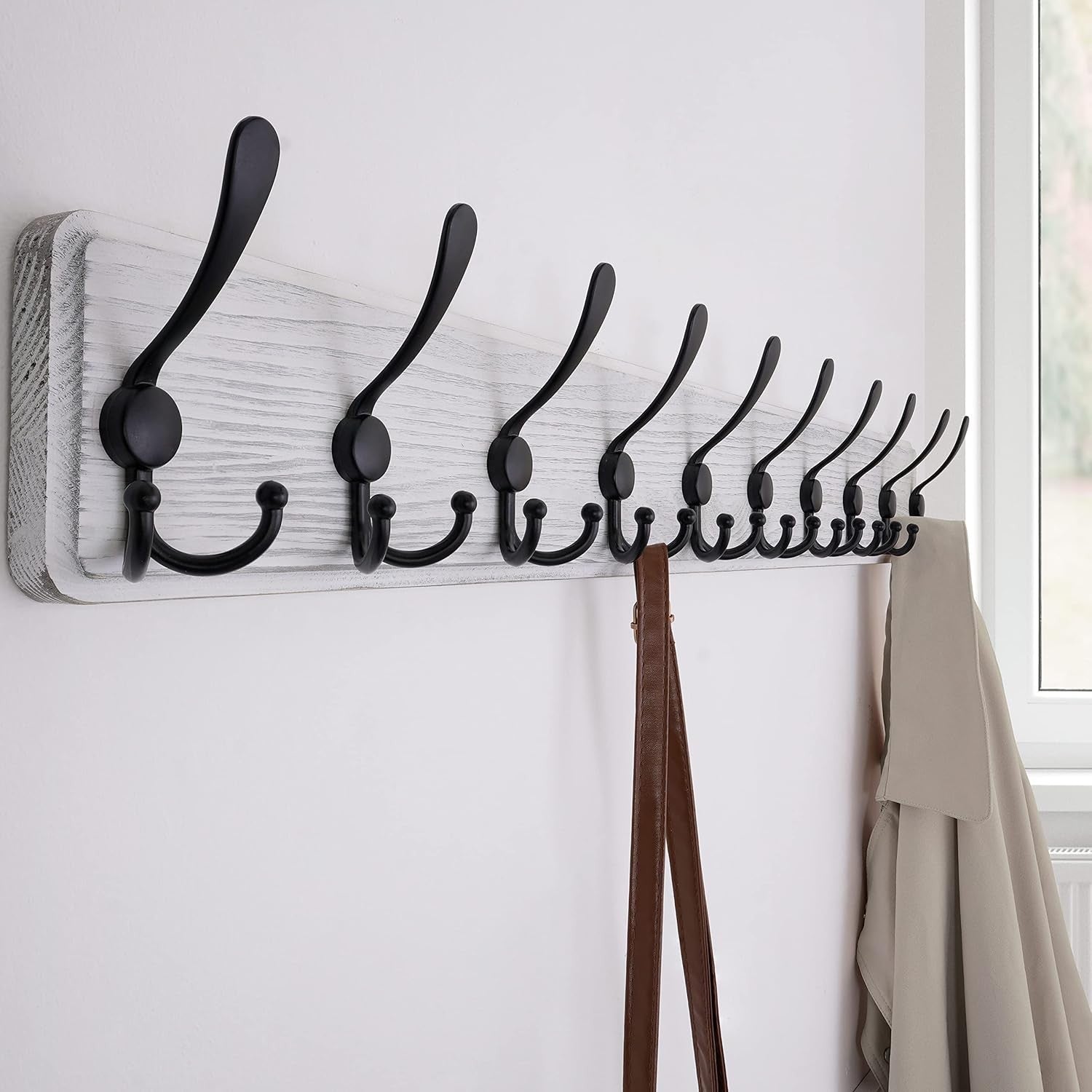 Weathered White Wooden Wall Coat Rack 38" | Heavy Duty 10 Hook Rustic Organizer