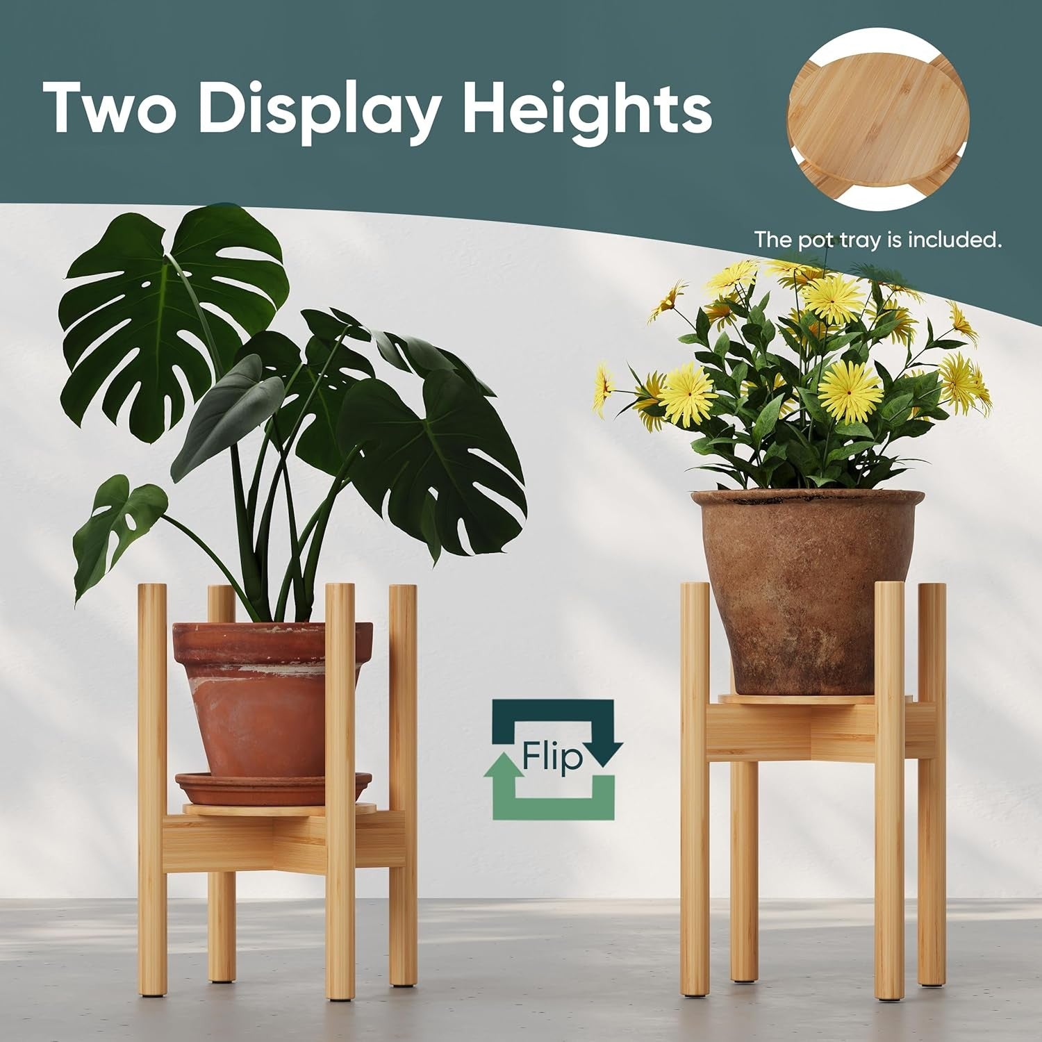 Adjustable Bamboo Plant Stand with Removable Tray | Natural Indoor Pot Holder