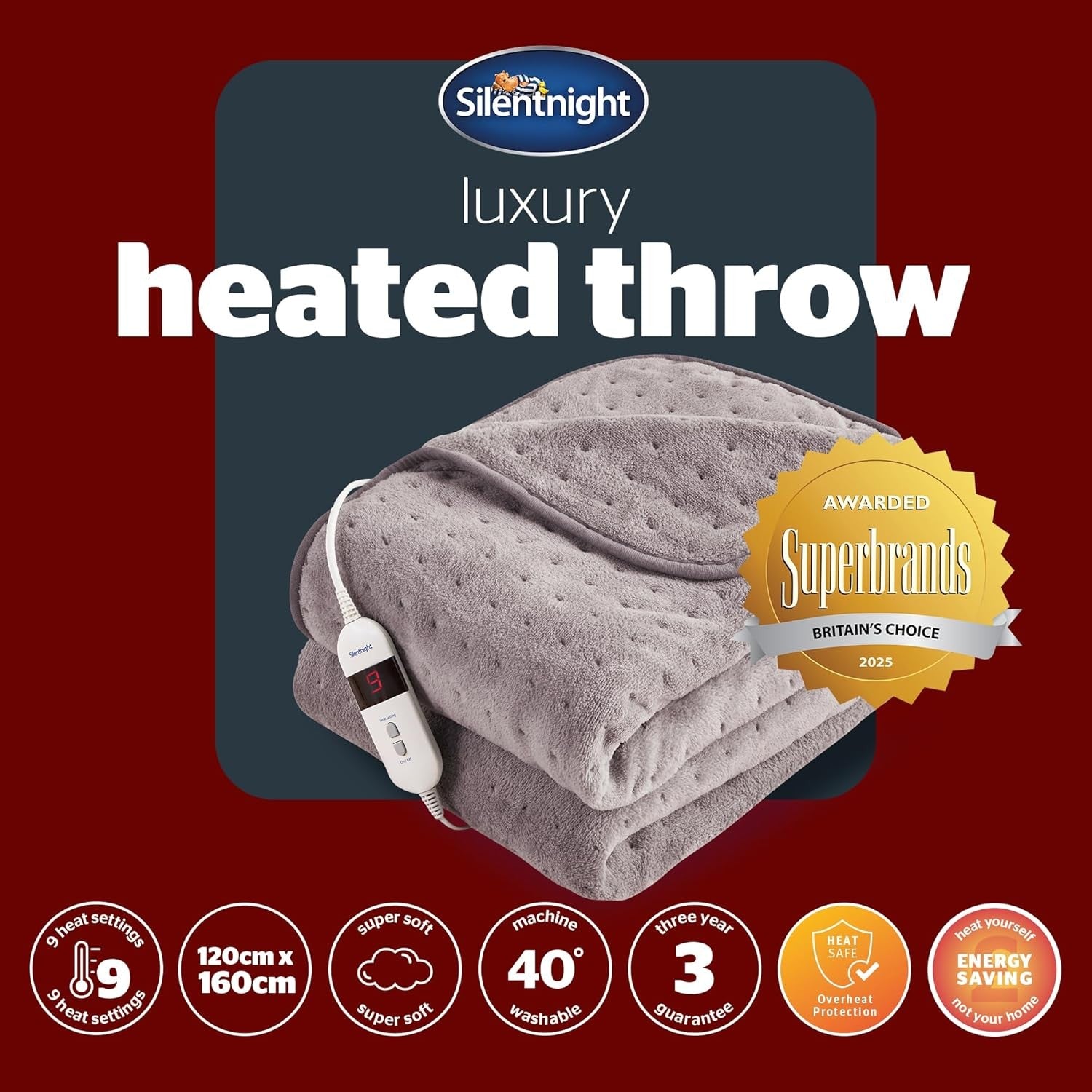 Electric Heated Throw Blanket Luxury Fleece Heat 9 Settings 120x160cm