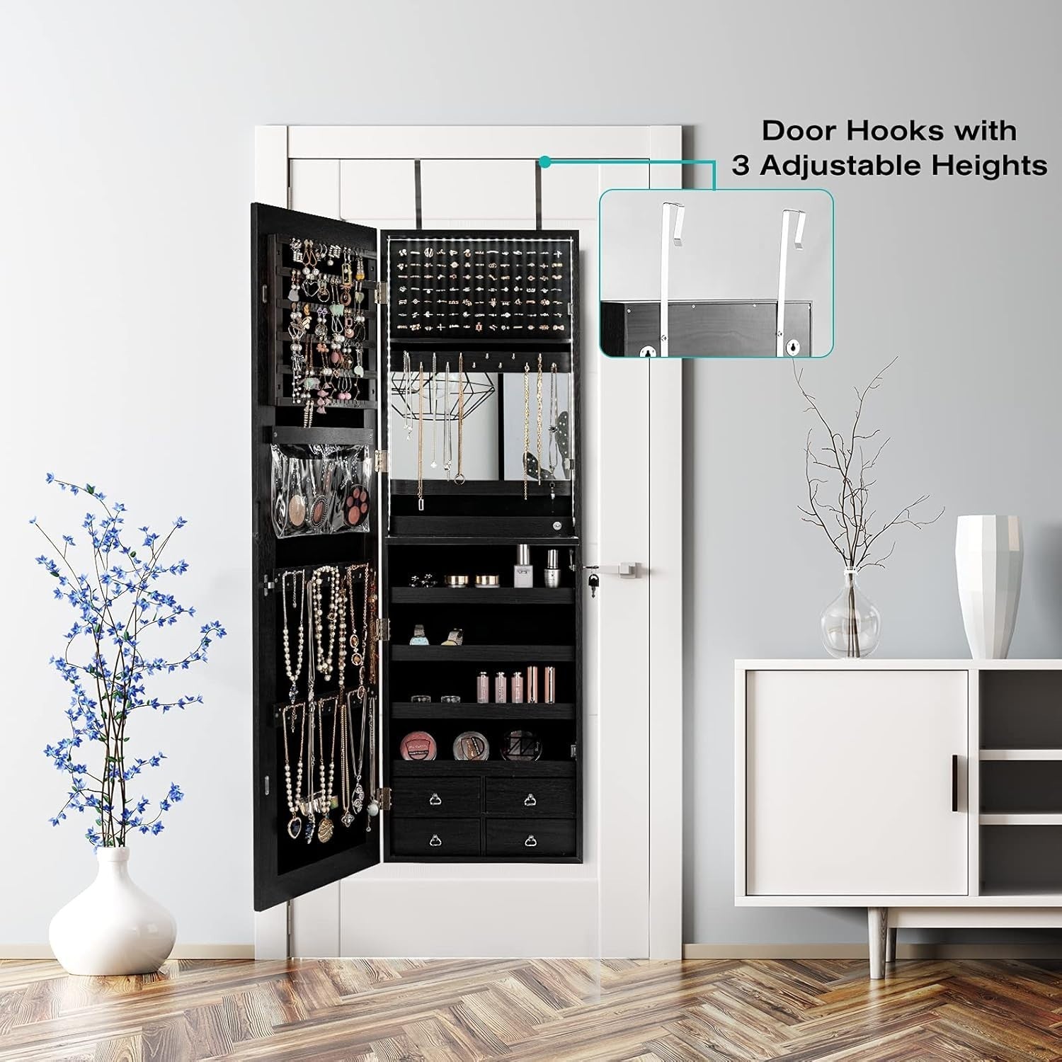 LED Mirror Jewelry Armoire Wall or Door Mount Lockable Makeup Storage