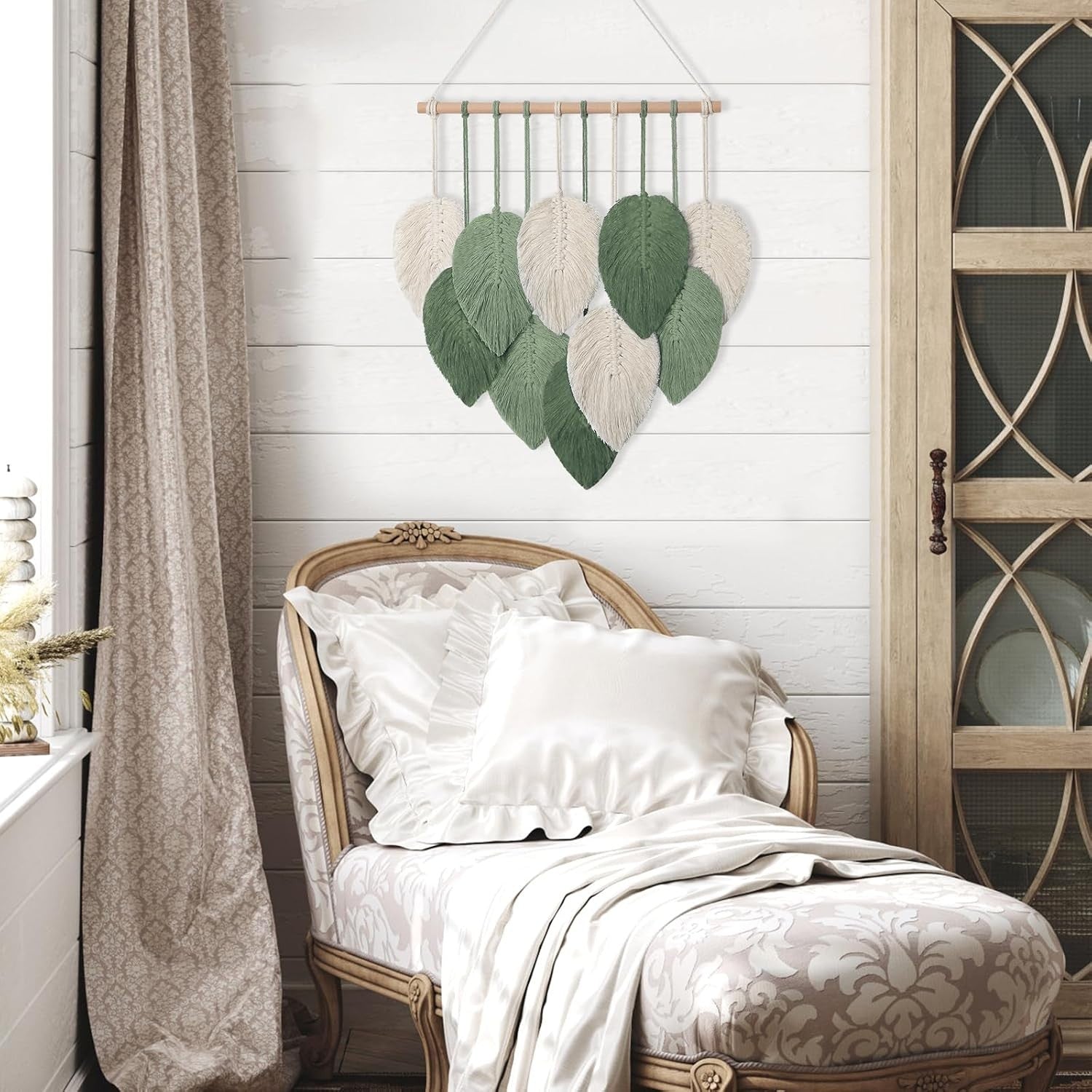 Small Macrame Wall Hanging Boho Leaf Woven Decor Green