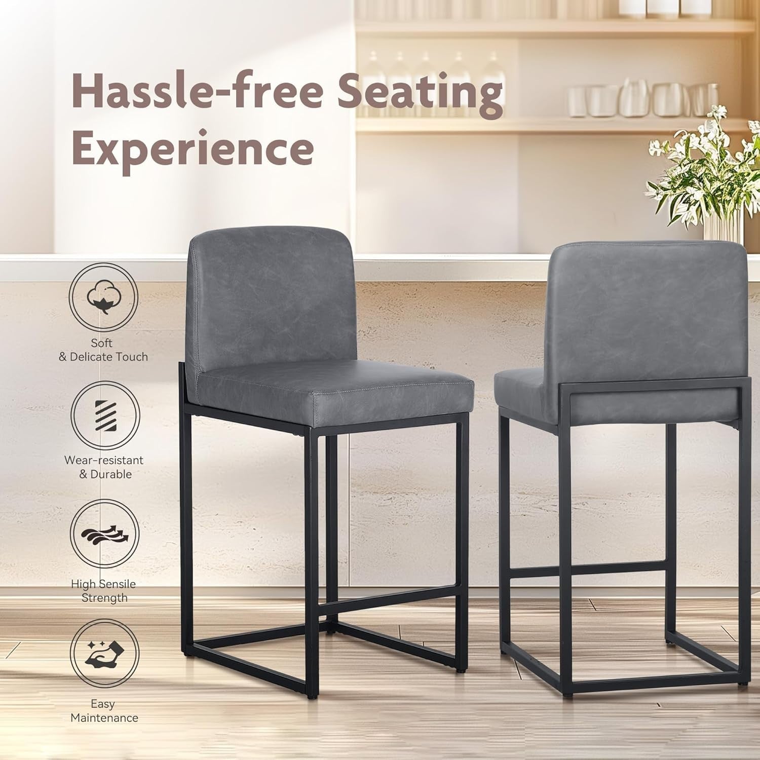 Grey PU Leather Bar Stool – Modern Kitchen & Breakfast Counter Chair