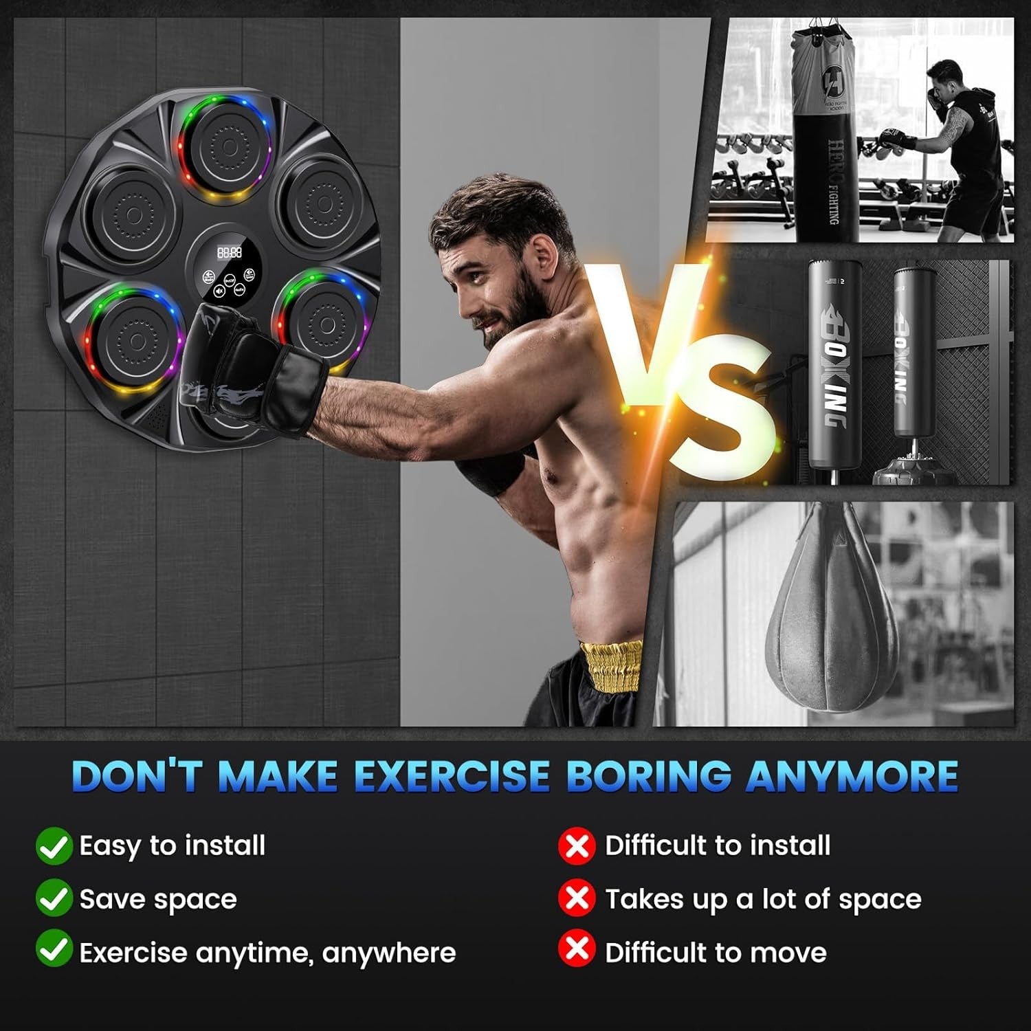 Music Boxing Machine LED Punch Pad Bluetooth Wall Mounted Home Fitness