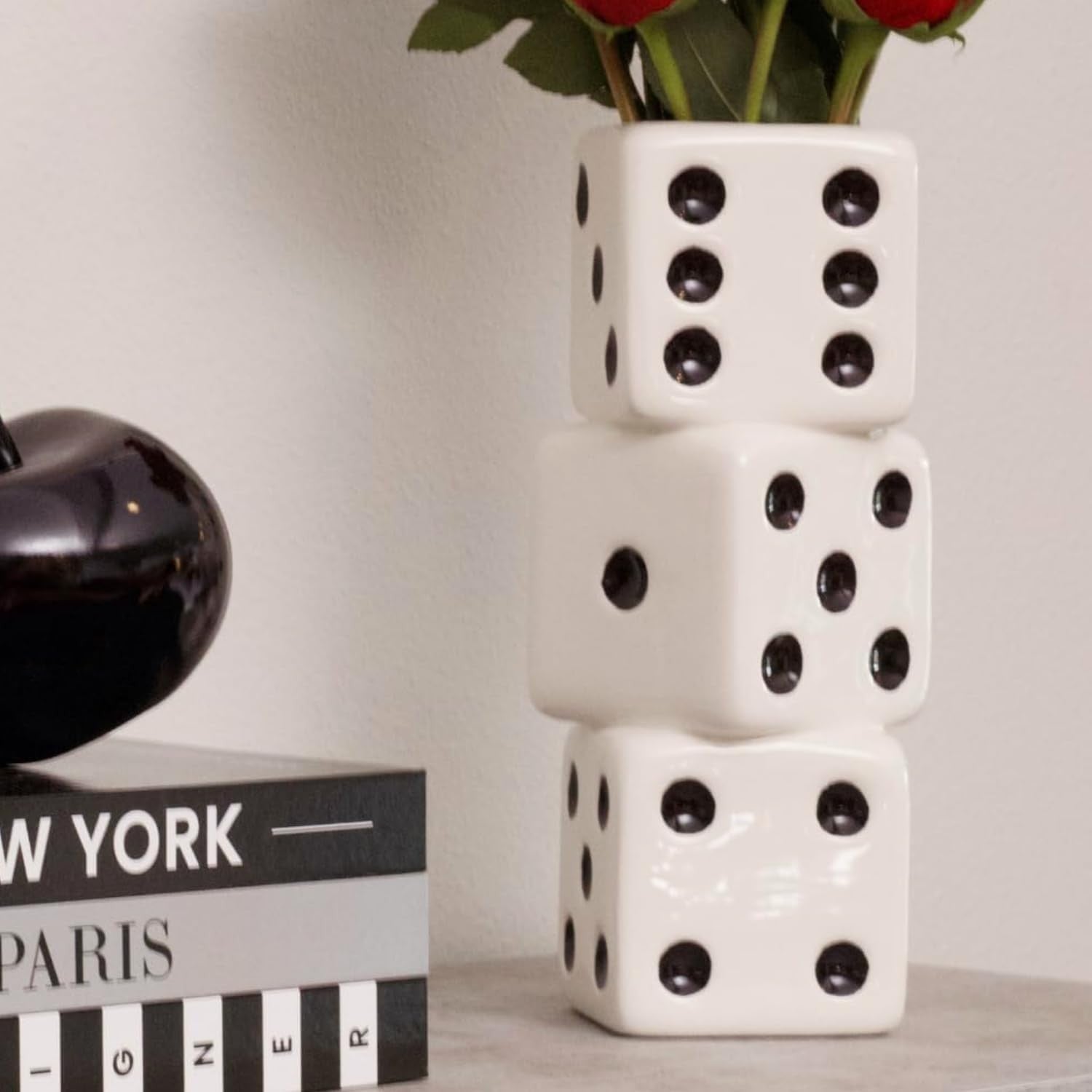 Dice Vase Ceramic Triple Stack White Black Dot Modern Table Flower Decor