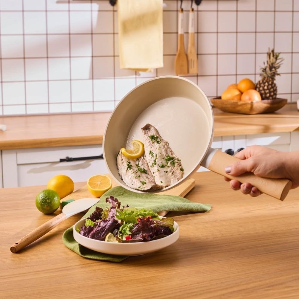 12Pcs Almond Cream Ceramic Non Stick Cookware Set with Lids & Utensils