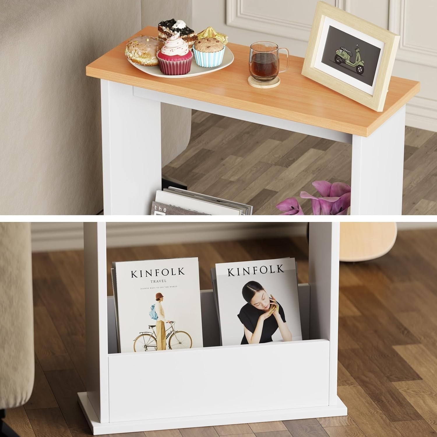 Slim Modern Side Table with Magazine Rack, Space-Saving 55x45x18cm White