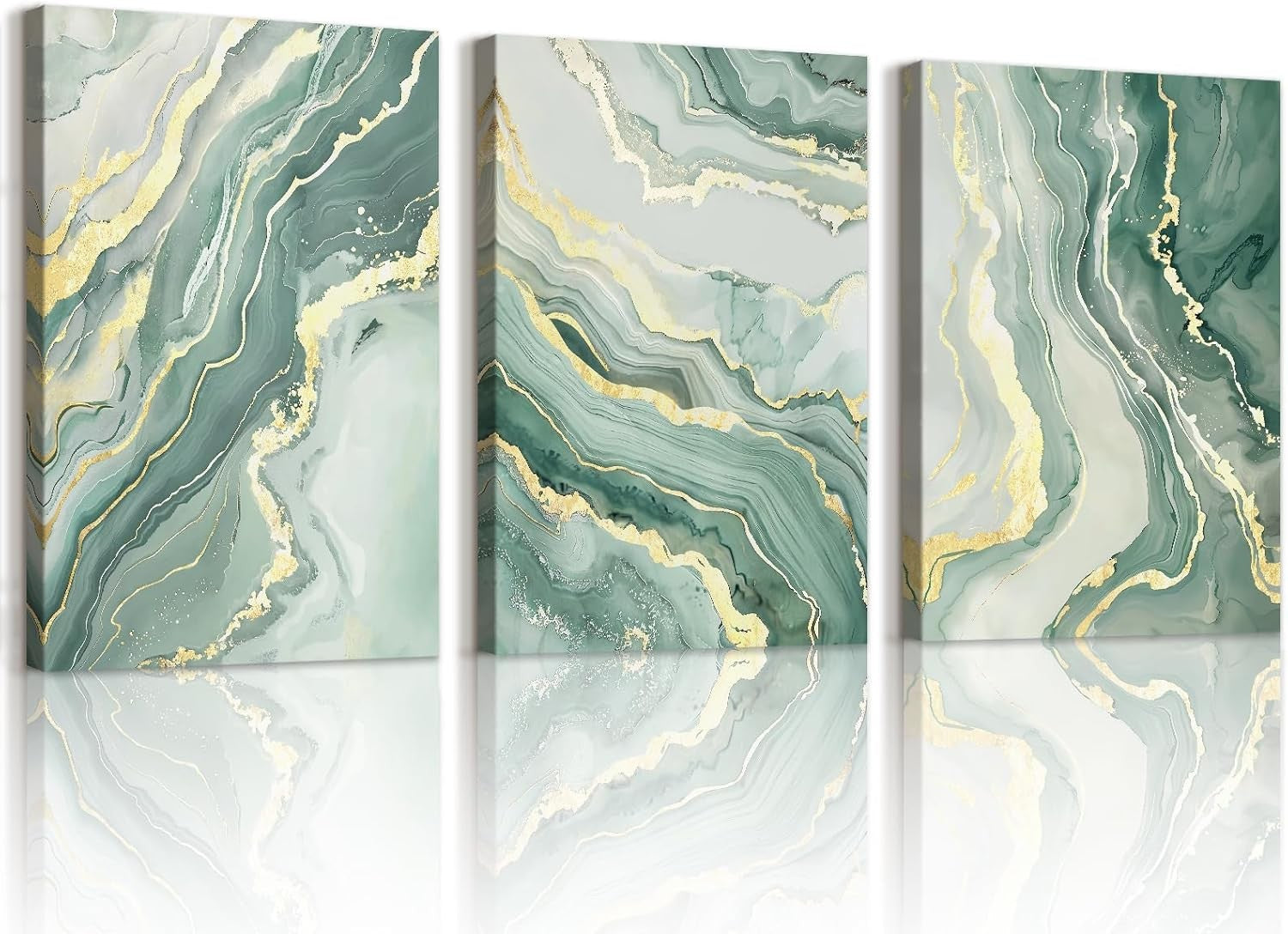 Set of 3 Sage Green Gold Abstract Canvas Wall Art 30x40cm