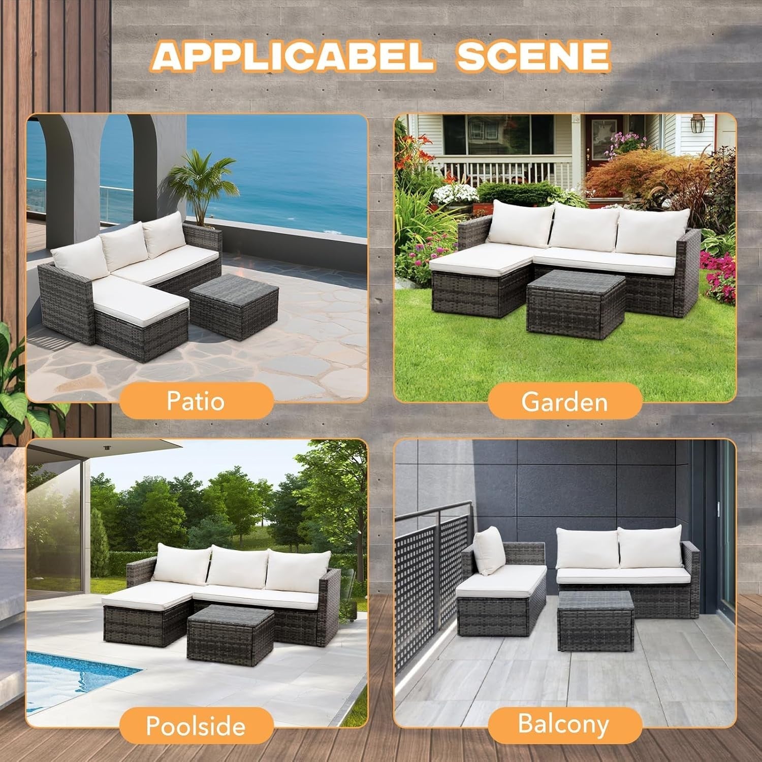 3pc Rattan Garden Sofa Set L-Shape Patio Furniture with Table Grey Cushions