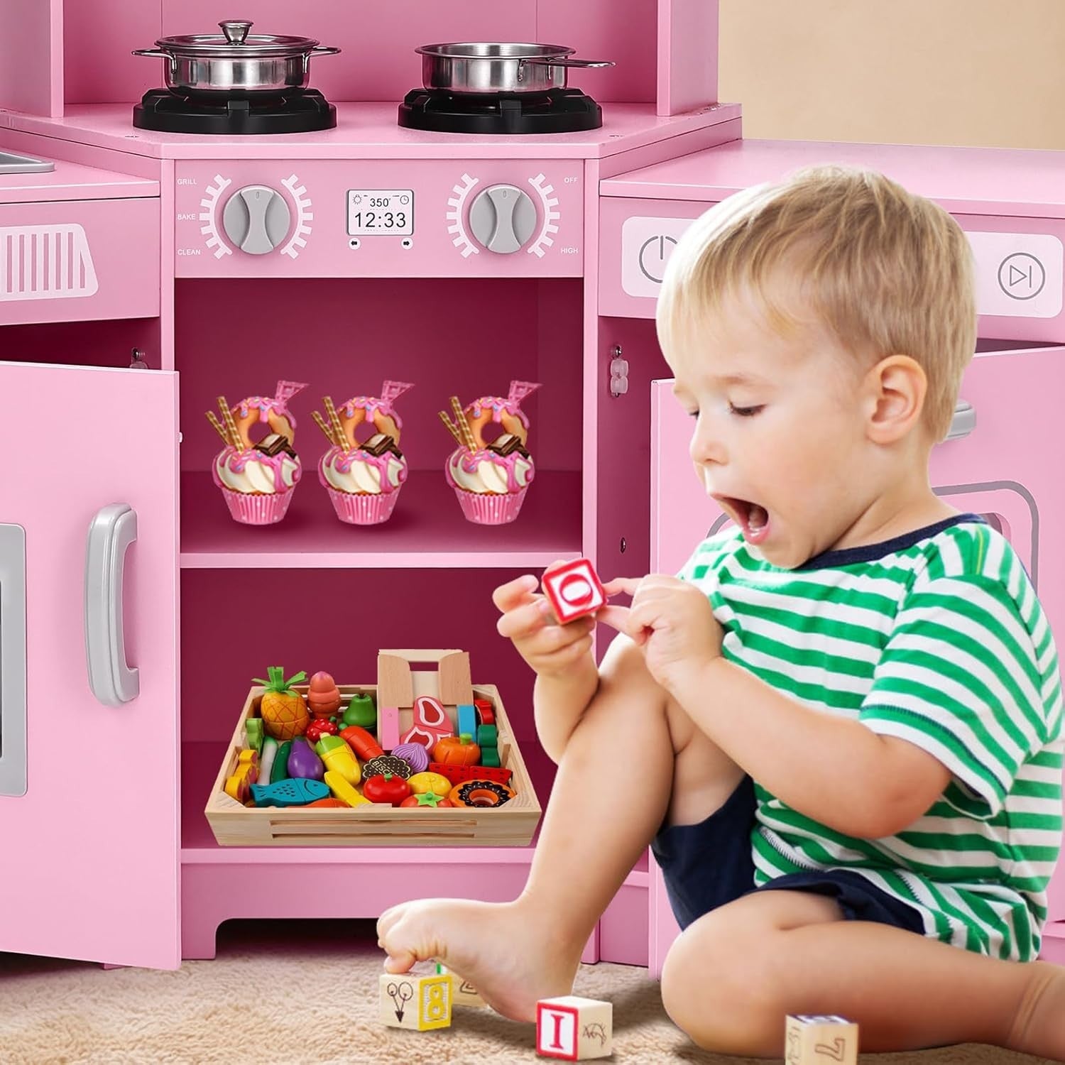 Corner Wooden Kids Play Kitchen Pink Lights Sounds Toy Set Large