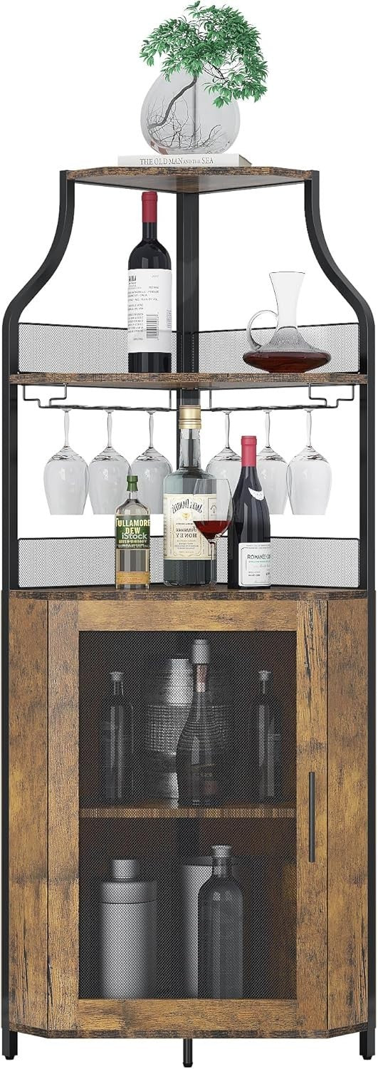 Rustic Corner Wine Bar Cabinet with Glass Rack & Storage Shelves, Freestanding