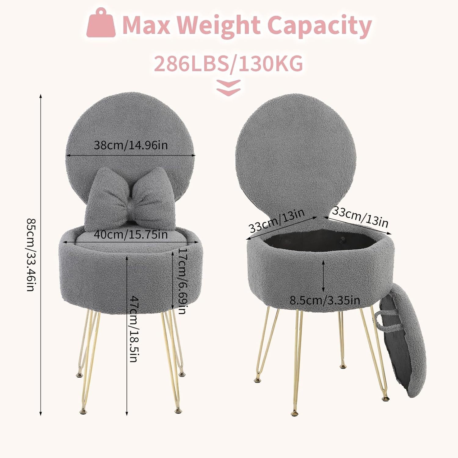 Grey Sherpa Vanity Chair with Storage & Foldable Backrest – Metal Leg