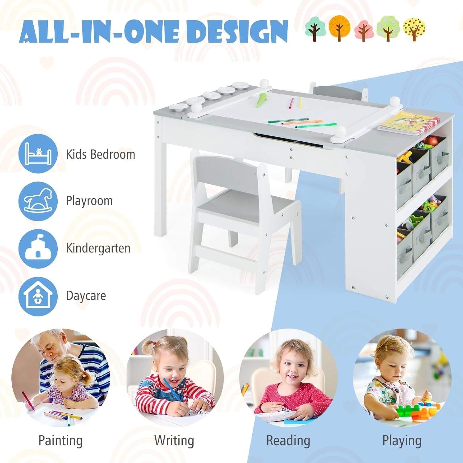Kids Art Table & Chair Set with Storage, Paper Roll & 5 Paint Cups - Grey
