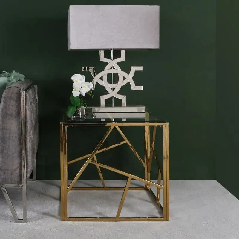 Modern Gold Glass End Table with Abstract Frame | Chic Side Accent Unit