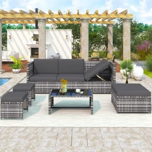 6 Seater Rattan Corner Sofa Set Outdoor Garden Furniture w/ Cushions & Table