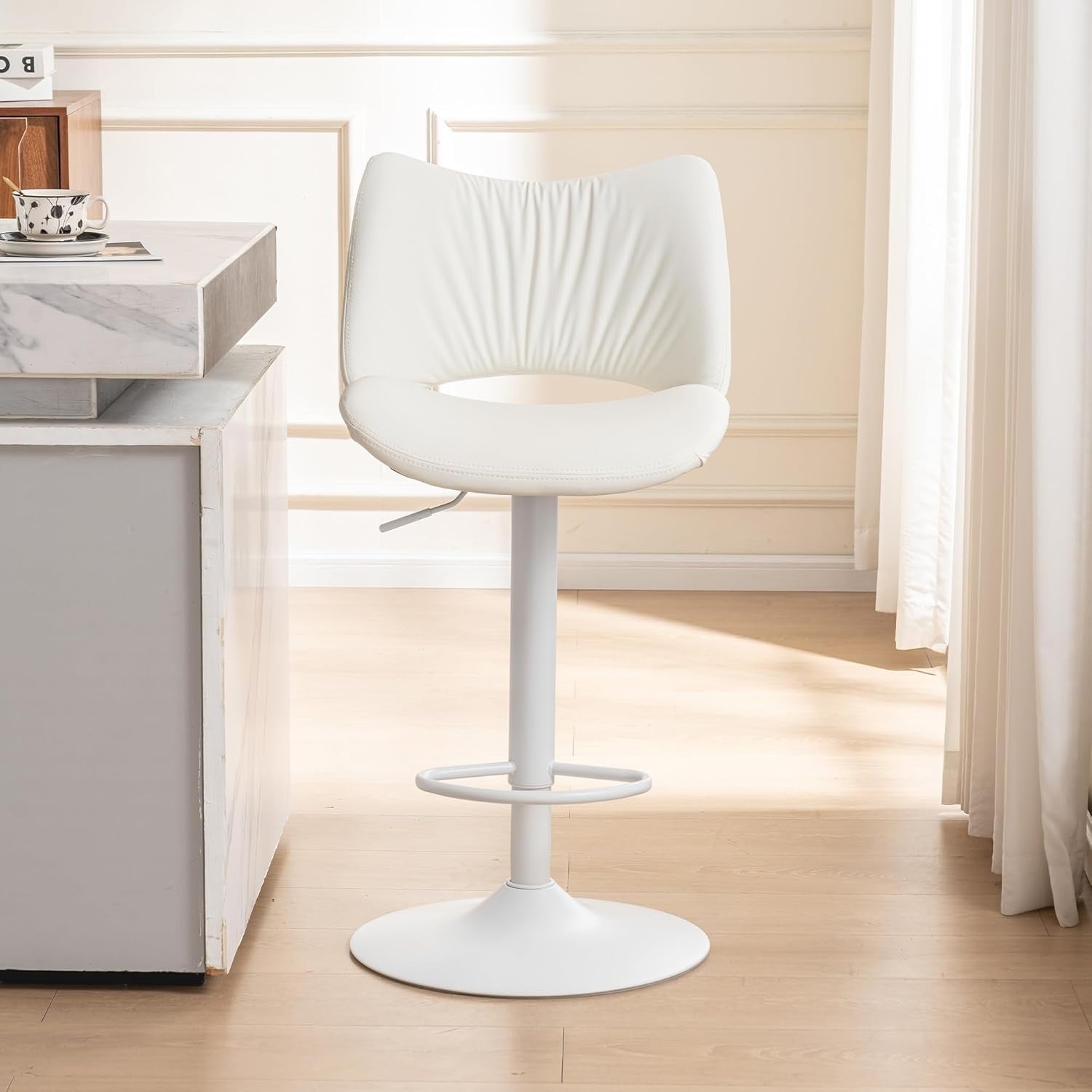Adjustable Bar Stool 1pc White PU Leather Swivel Counter Kitchen Chair