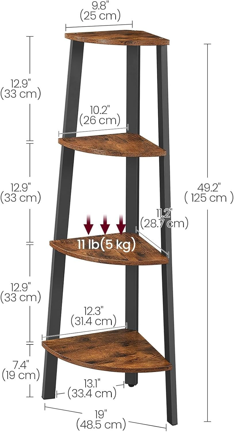 4 Tier Corner Ladder Shelf Rustic Brown Industrial Bookcase Plant Stand