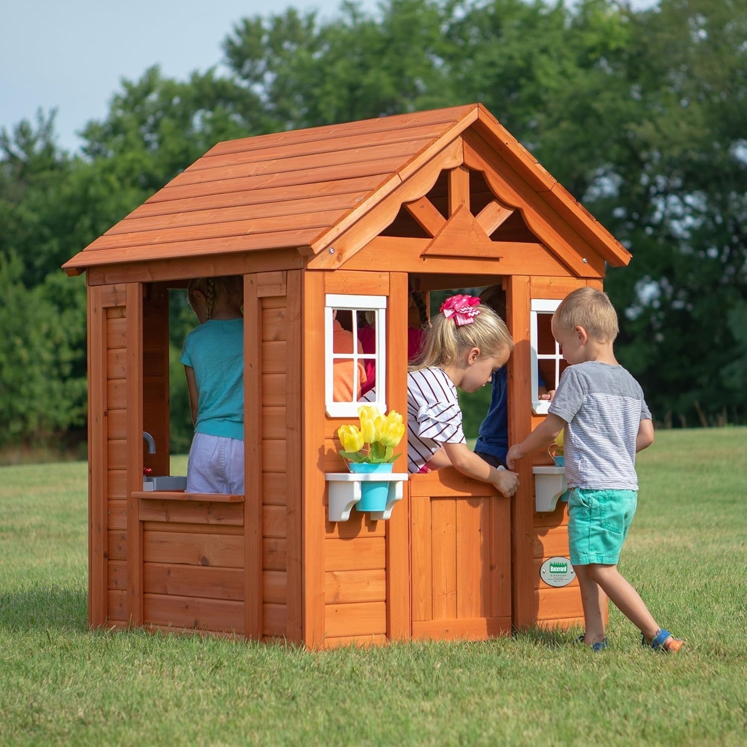 Cedar Kids Playhouse Outdoor Garden Cubby w Toy Kitchen Windows
