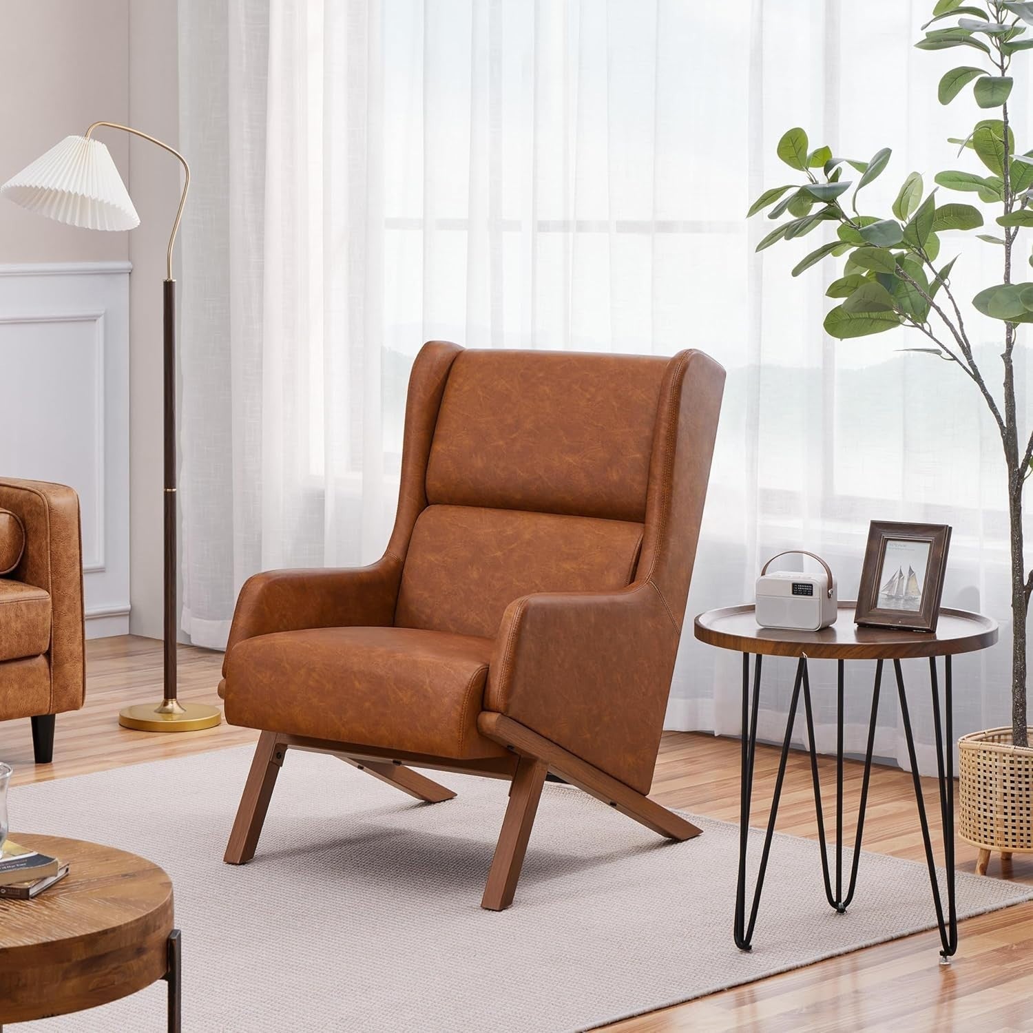 Brown PU Leather Accent Chair High Back Armchair for Lounge Office