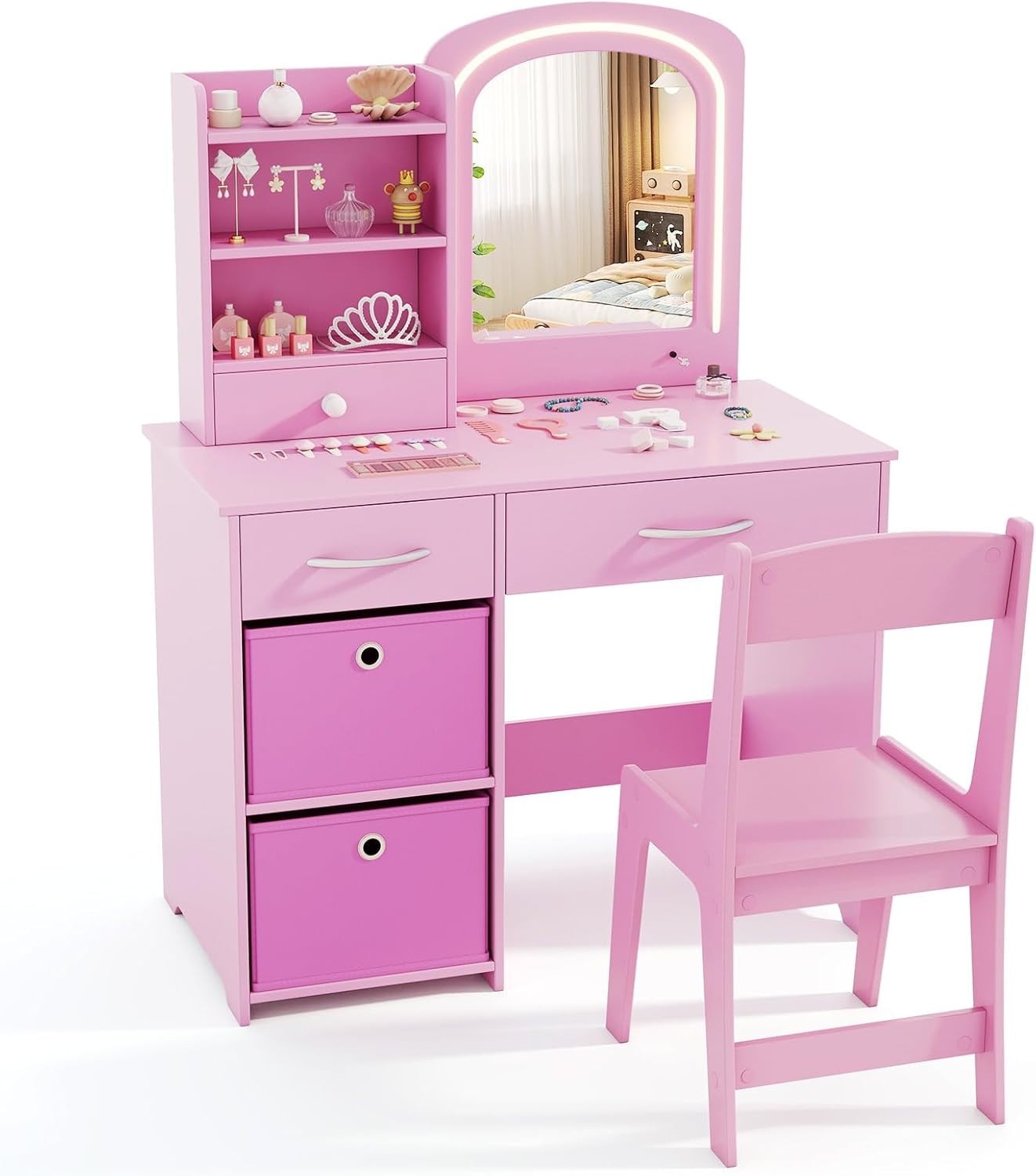 Kids Vanity Table Set Pink Girls Dressing Stool LED Mirror Storage Safe
